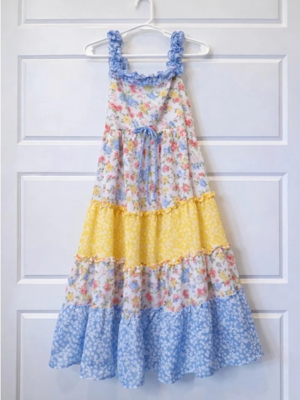 Jona Michelle Pastel Floral Tiered Dress with Blue Ruffle Straps